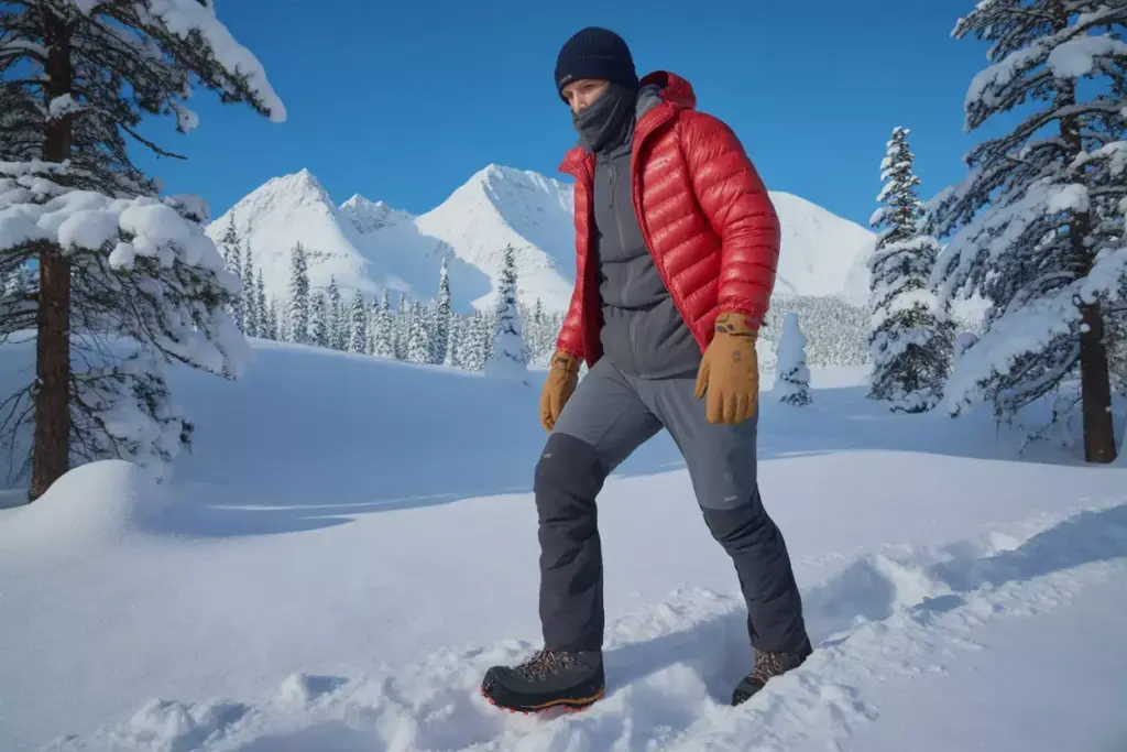 Winter Mountain Warrior In Insulated Jacket Trekking Through Snowy Forest