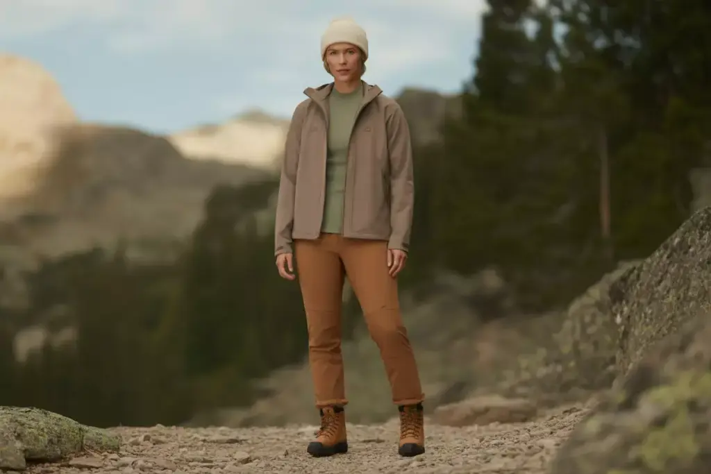 41 The Minimalist Earth Tone Explorer Sage Merino Taupe Jacket Brown Convertible Pants Cognac Boots Cream Beanie