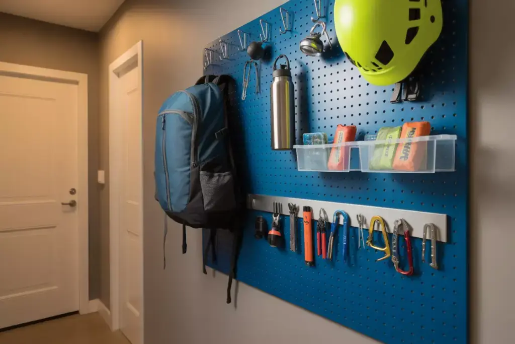 Vertical Pegboard Wall Storage With Backpack Hooks And Bins In Modern Apartment Hallway