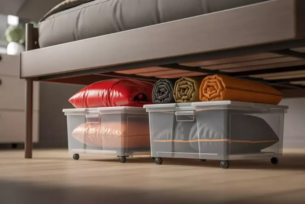 Clear Rolling Under Bed Storage Containers With Sleeping Bag And Camping Gear