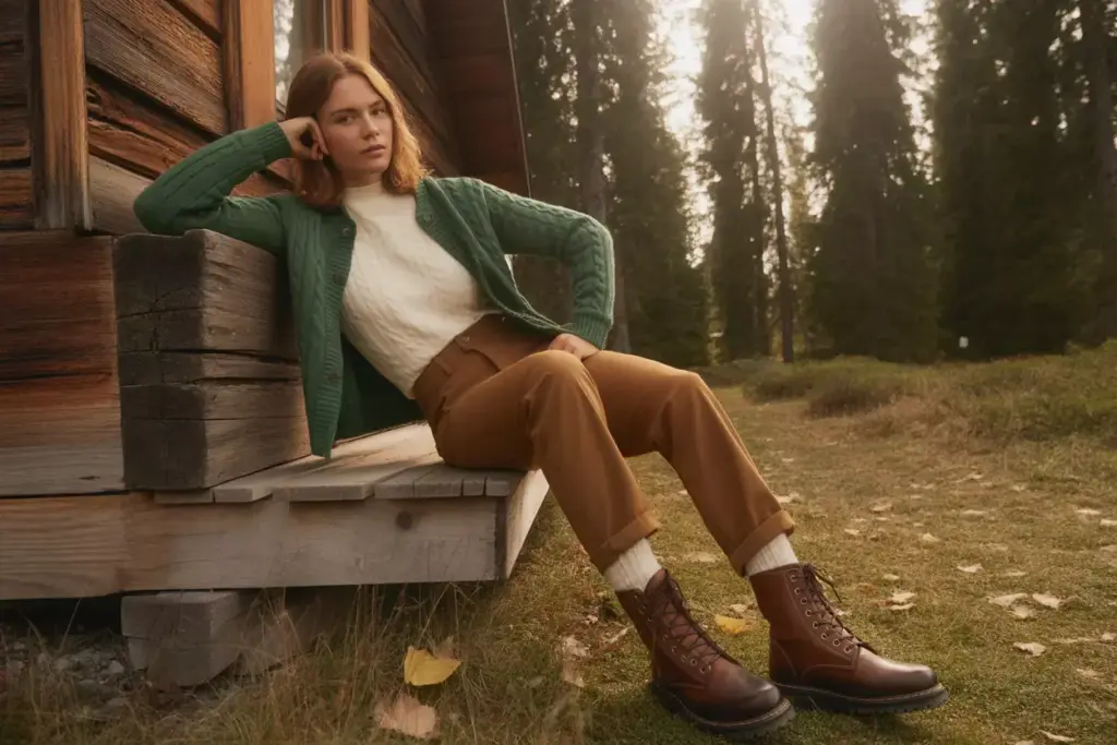 43 The Vintage Inspired Mountain Classic Cable Knit Sweater High Waisted Pants Leather Boots