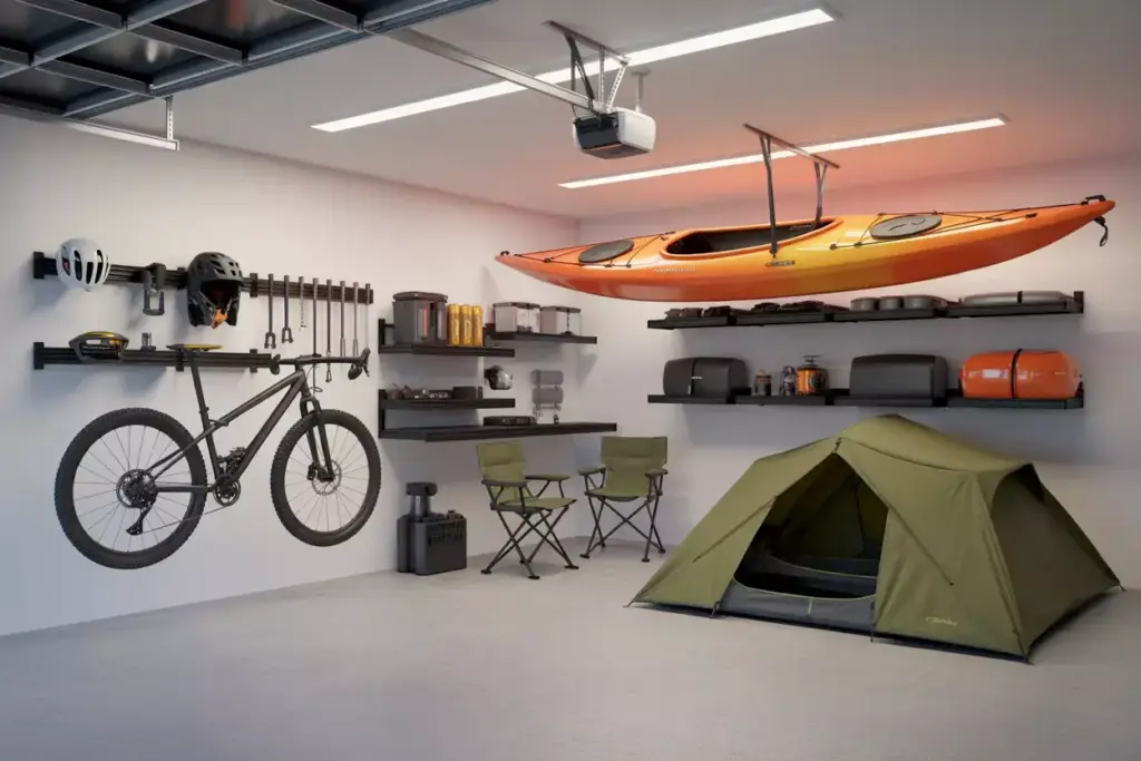 Organized Garage With Bike Rack Kayak Pulley And Dedicated Camping Corner Zones