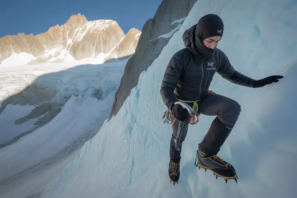 An Alpine Climber In Arc Teryx Rho Ar Balaclava On A Steep Glacier