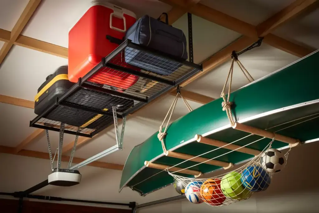 Overhead Garage Rack And Pulley System Storing Canoe Cooler And Camping Chairs