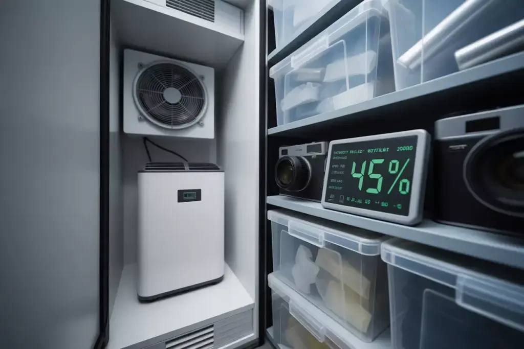 Interior Of Climate Controlled Storage With Dehumidifier And Silica Gel Packets