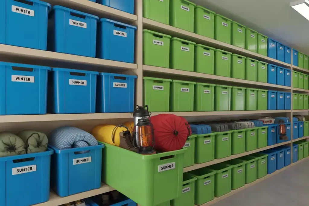 Color Coded Seasonal Storage Bins On Shelves With Summer Gear Most Accessible
