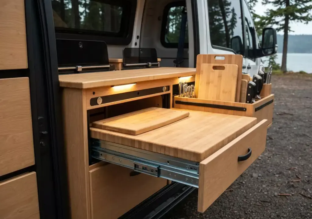 4b Slide Out Kitchen Extension In Van With Butcher Block And Integrated Tool Storage Outdoors