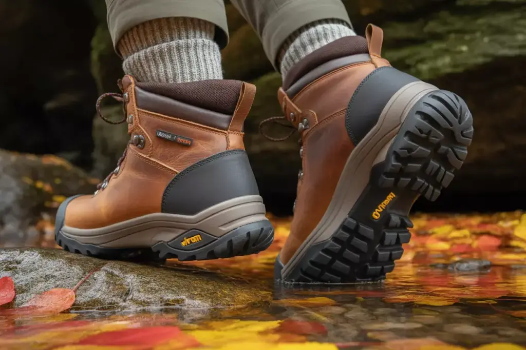 Hiking Boot With Vibram Sole Stepping On Rocky Creek Bed