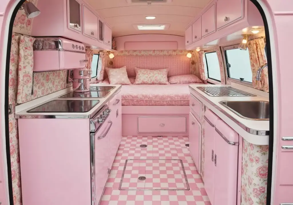 A Retro Van Interior With Pastel Pink Appliances Checkered Floors And Vintage Fabrics