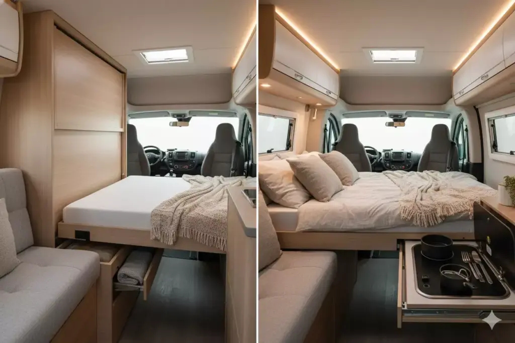 Campervan Interior With Murphy Bed Swivel Seats And Slide Out Kitchen Extension