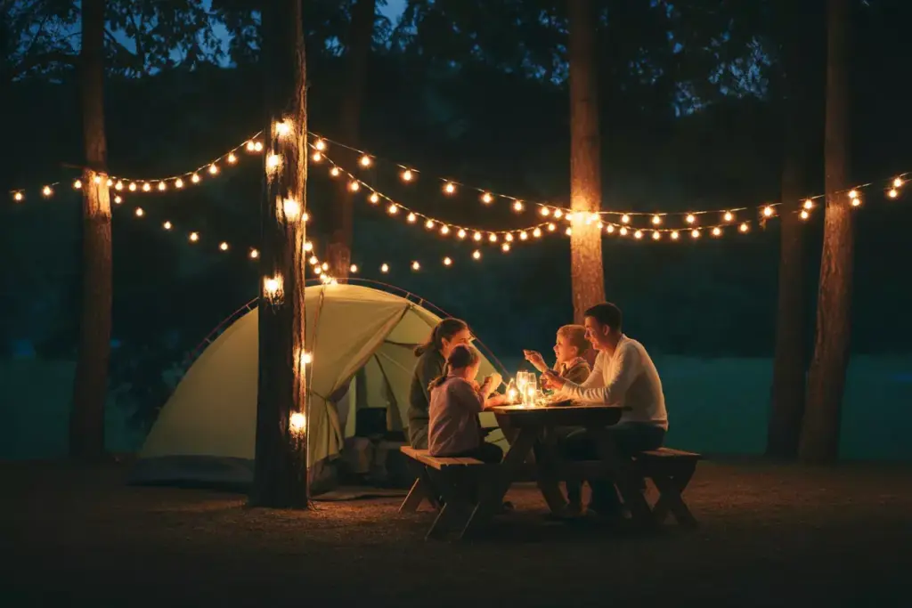 Campsite At Night With Led String Lights Draped Around Tent And Dining Area