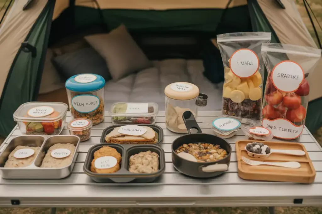 Campsite Table With Simple Meals Overnight Oats Sandwiches One Pot Ingredients