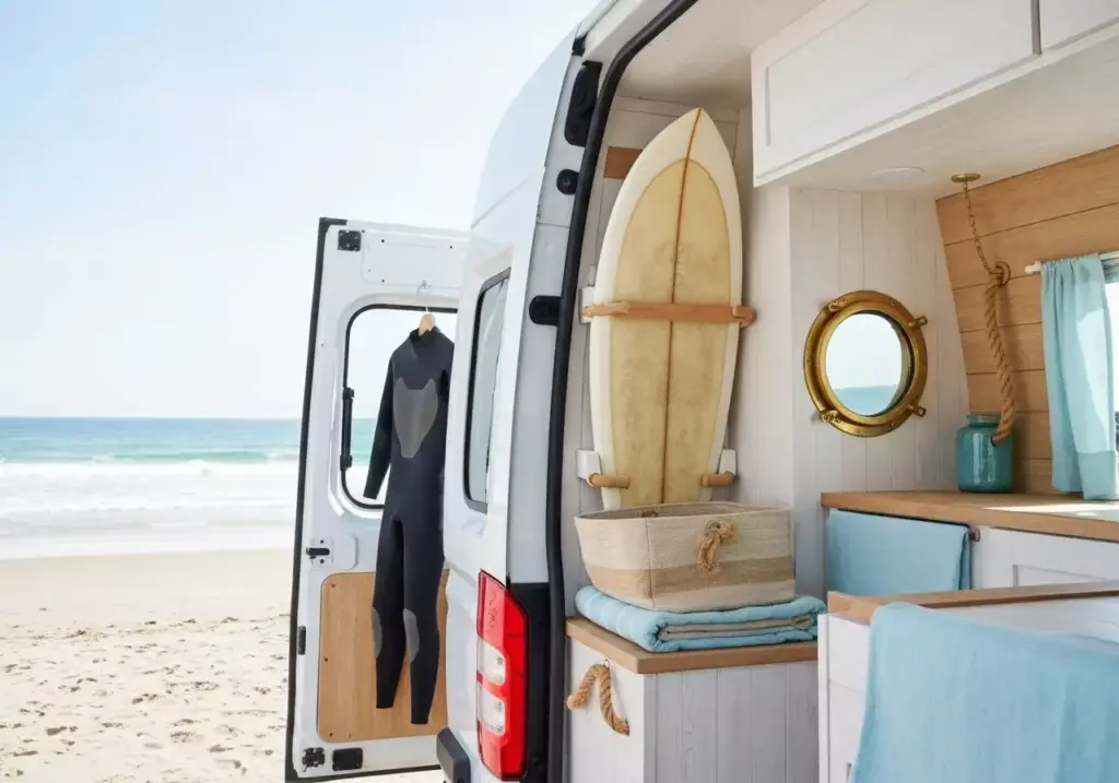 Coastal Surf Van With Open Doors Surfboard Storage And A Beach View