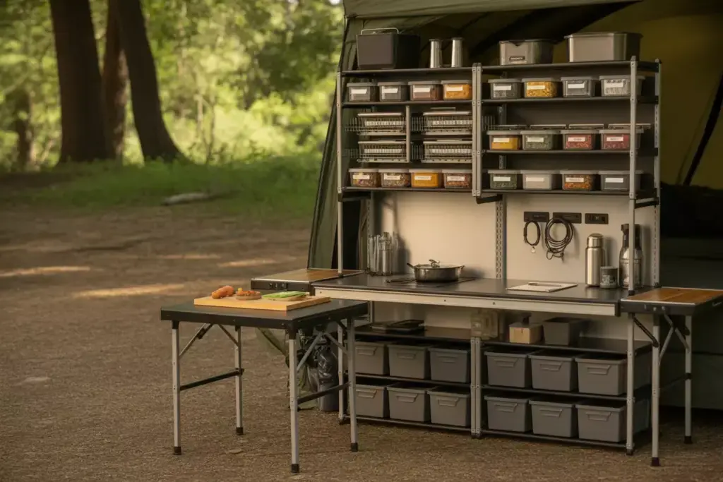 Collapsible Multi Level Shelving With Modular Containers And Work Surface