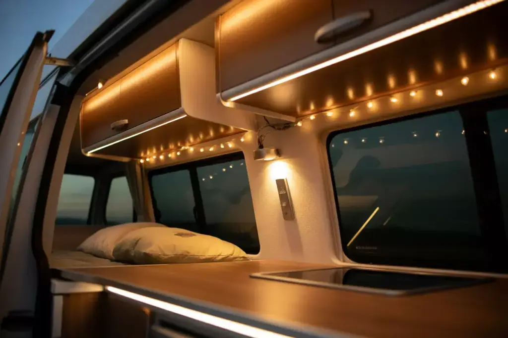 Cozy Evening Scene Inside Camper Van With Layered Led And String Lighting