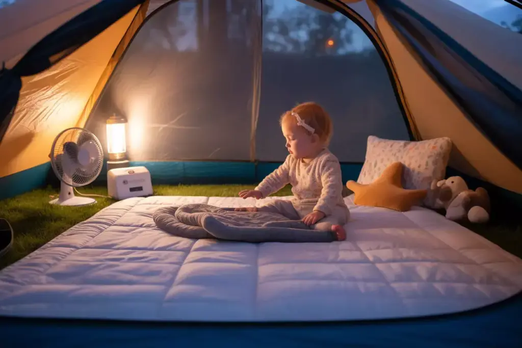 Cozy Tent Interior With Comfortable Sleeping Pad Blankets And White Noise Machine