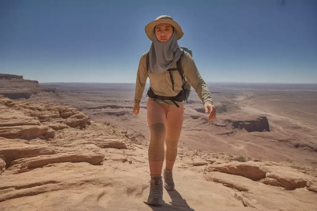 Desert Peak Challenger In Upf Shirt And Sun Hat On Rocky Trail