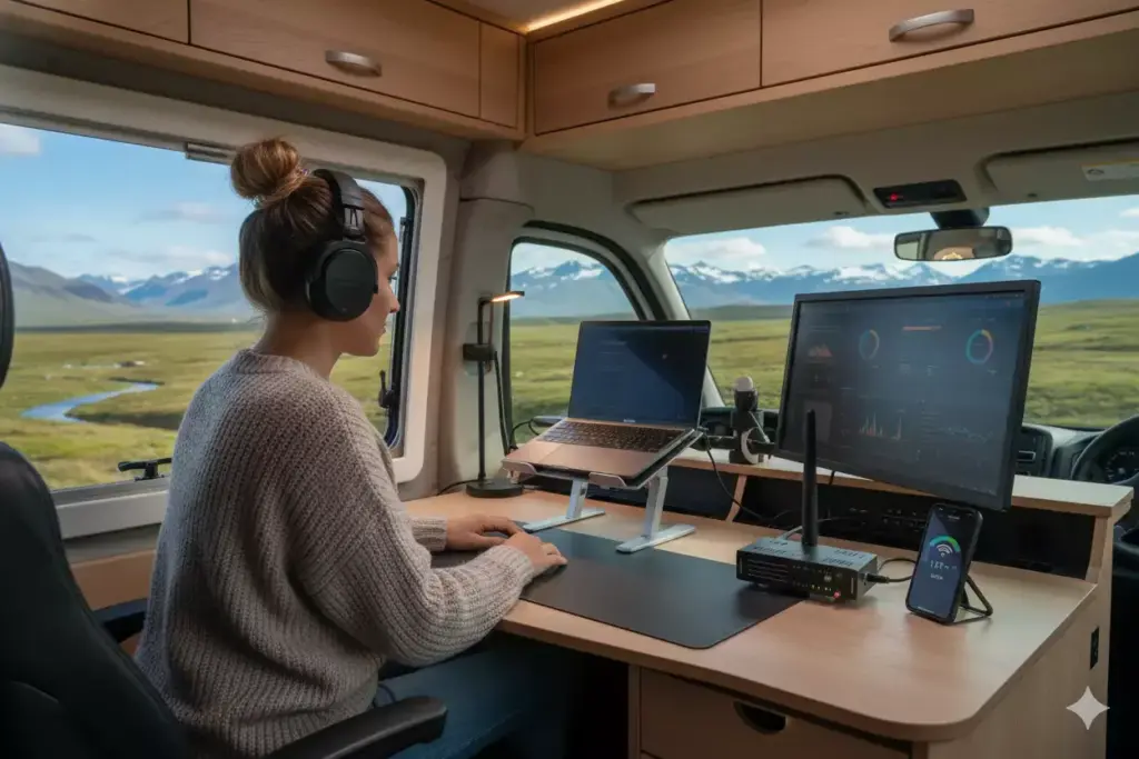 Digital Nomad Working At Campervan Desk With Booster And Scenic View