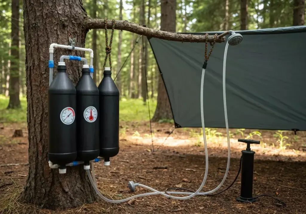 Diy Portable Camp Shower With Black Bottles Tubing And Hanging System