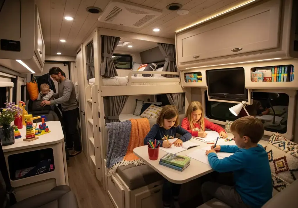 Family Friendly Ford Transit With Bunk Beds Convertible Dinette And Child Safe Storage