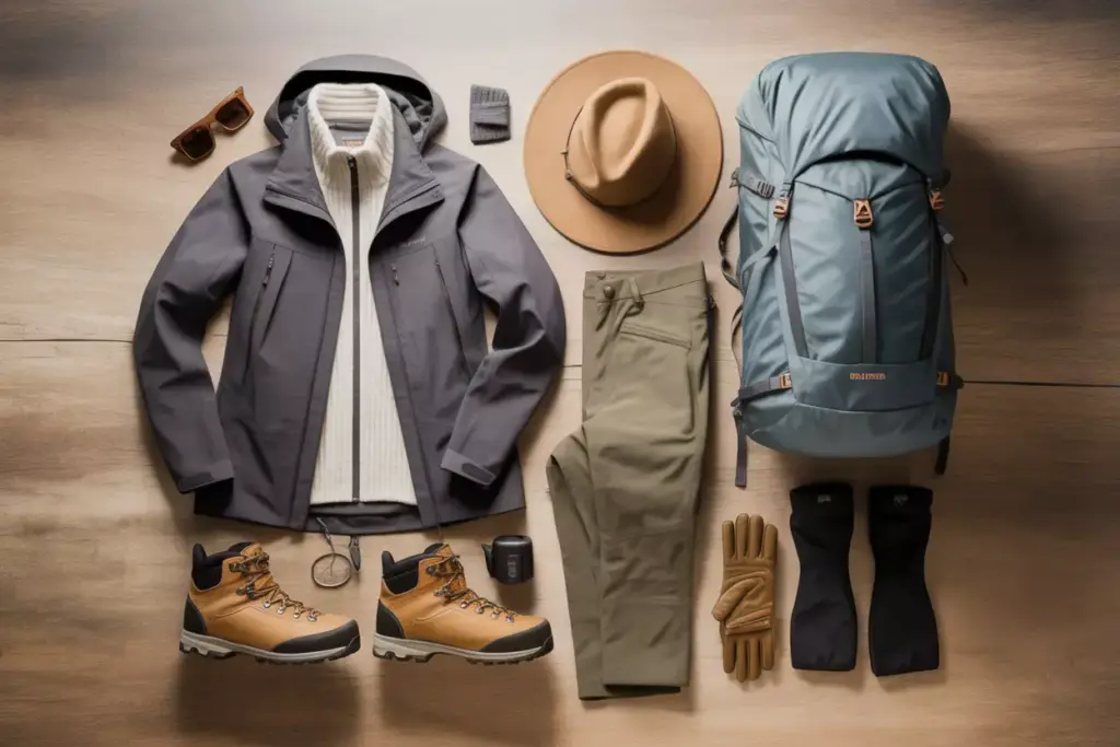 Flat Lay Of Cohesive Mountain Wardrobe With Layers And Accessories