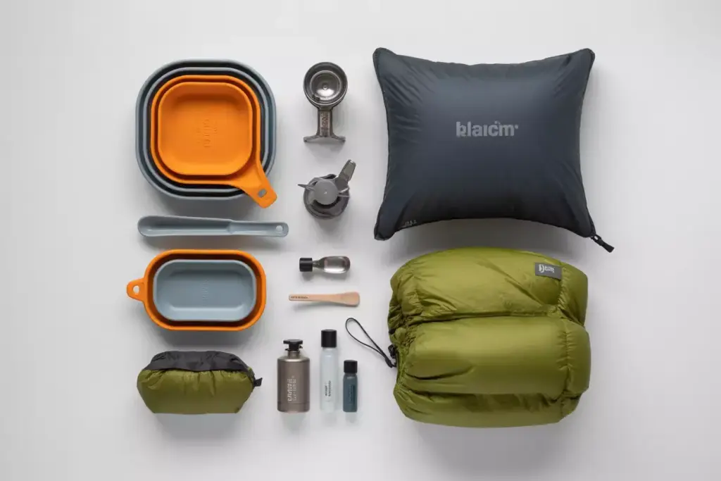 Flat Lay Of Nesting Cookware Inflatable Pillow And Compression Sack