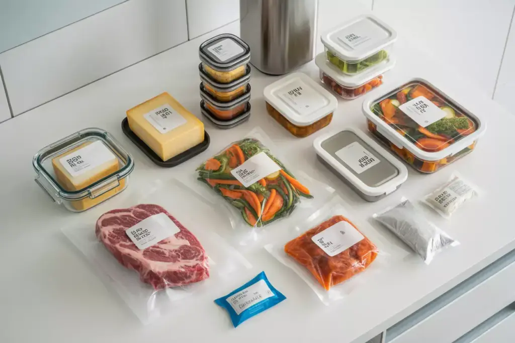Flat Lay Of Vacuum Sealed Meat And Vegetables In Stackable Glass Containers