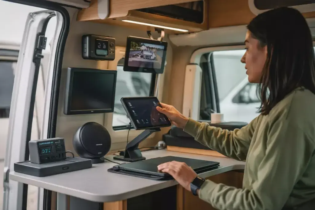 Integrated Tablet Wireless Charging And Ceiling Display In Tech Enabled Campervan