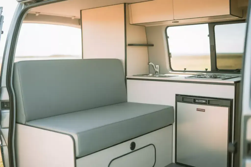 Minimalist Explorer Van Layout With Convertible Bed Basic Kitchen And Lightweight Design