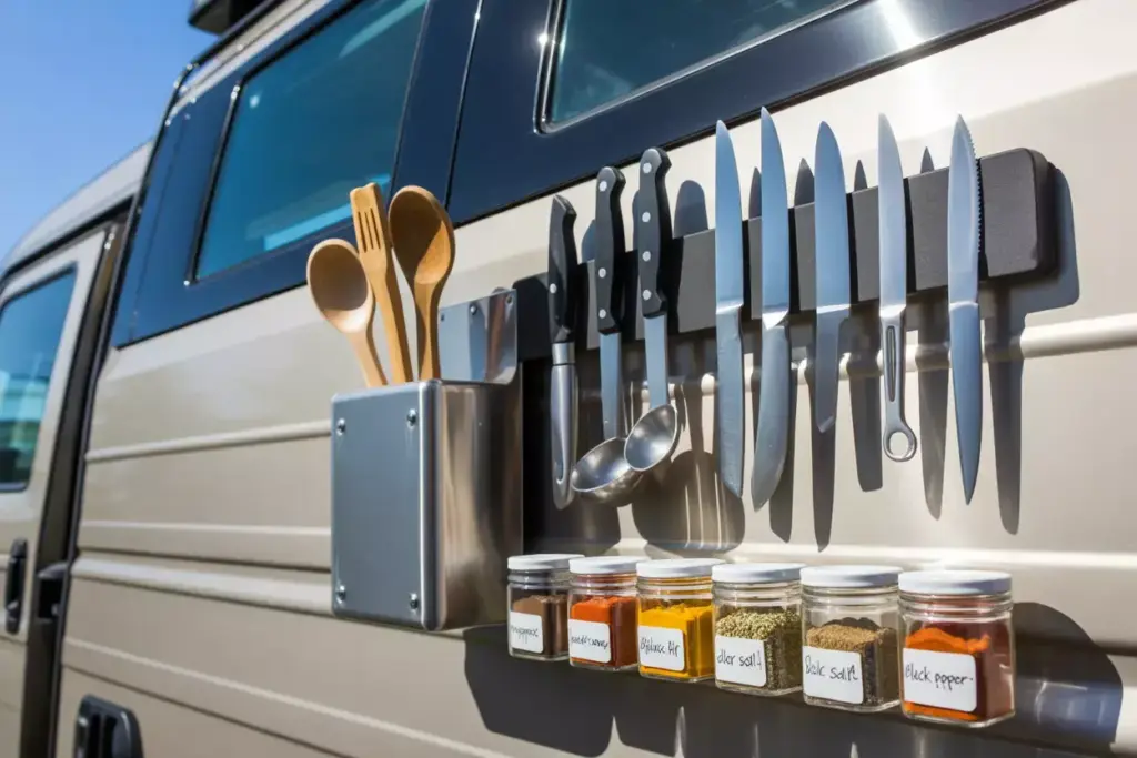 Organized Outdoor Camp Kitchen With Magnetic Strip Spice Containers Utensils