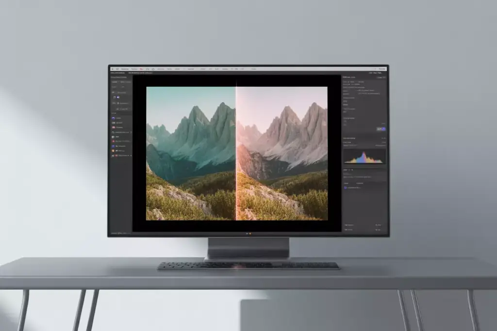 Post Processing Techniques For Mountain Photography Showing Split Screen Comparison Of Raw And Enhanced Image