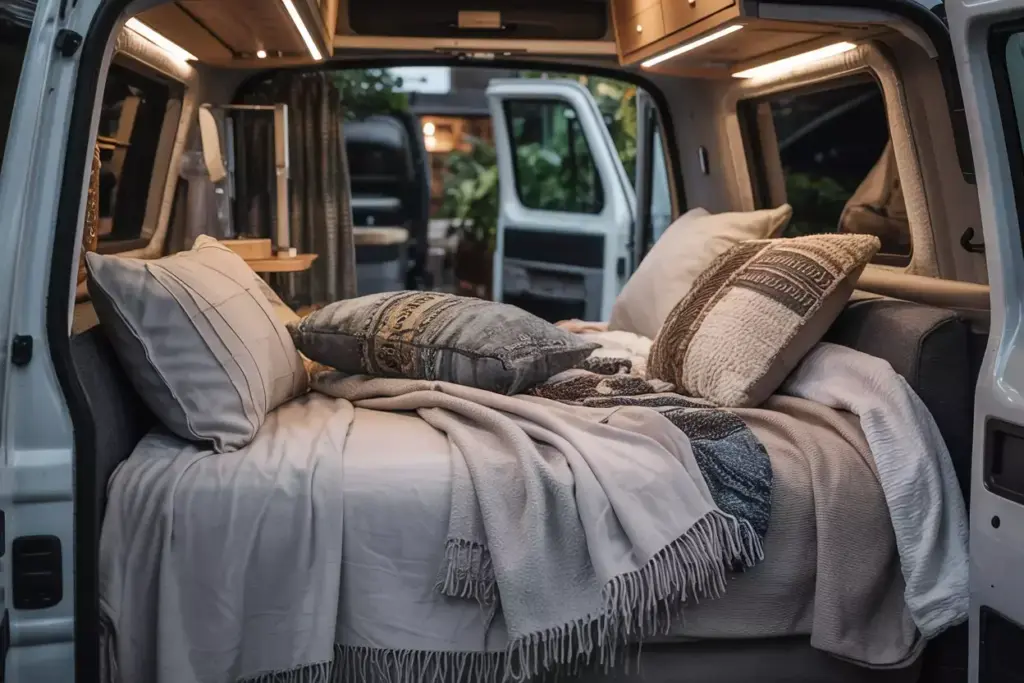 Quality Comfort Items And Textiles Showing Layered Bedding In Van Sleeping Area