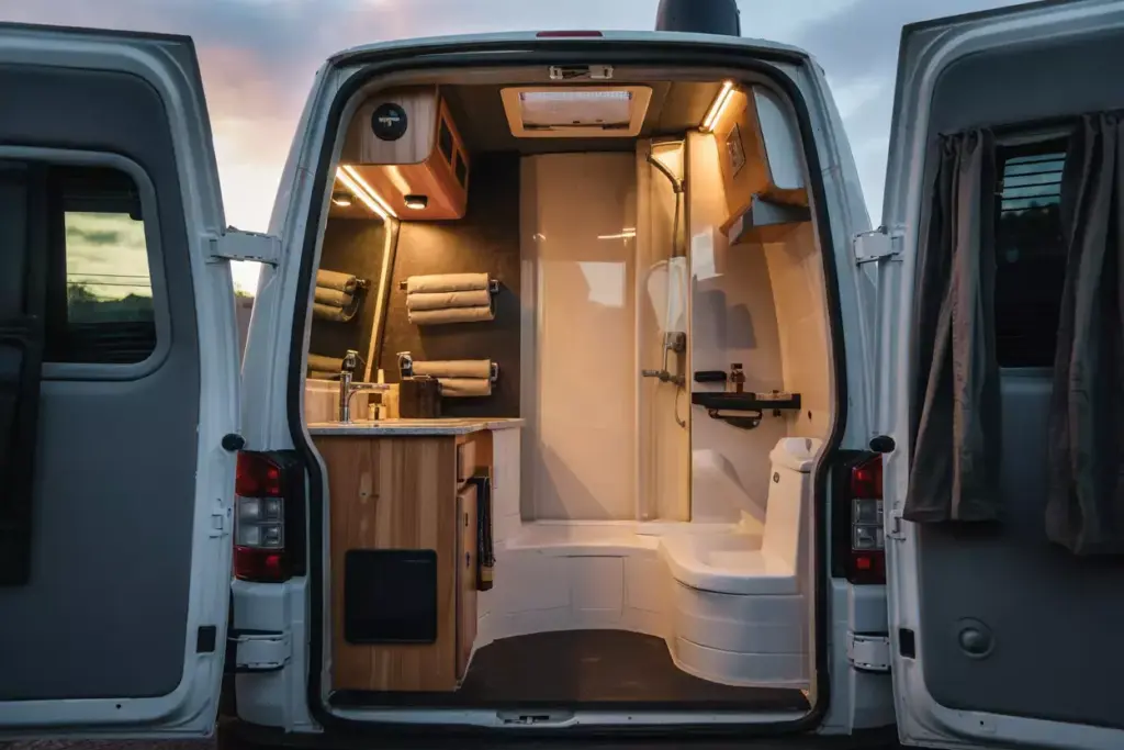 Rear Corner Van Bathroom With Custom Curved Walls And Diagonal Entry