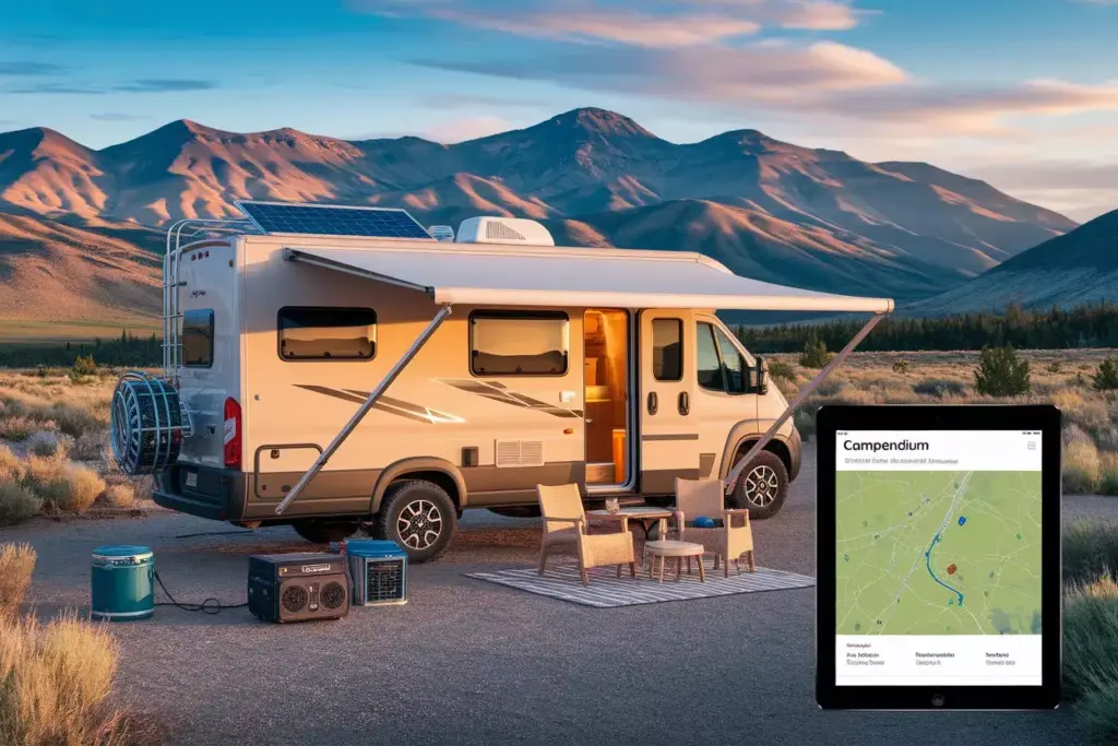 Rv Boondocking In Desert With Solar Panels And Portable Generator At Sunset