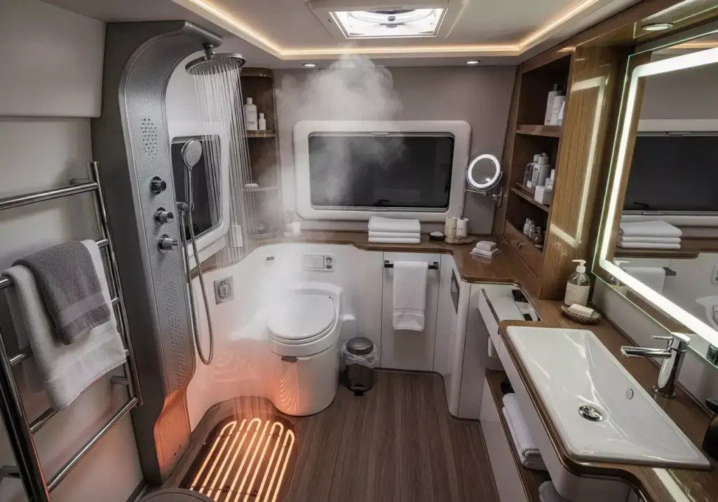 Spa Bathroom Van Interior With Rainfall Shower Heated Floors And Vanity