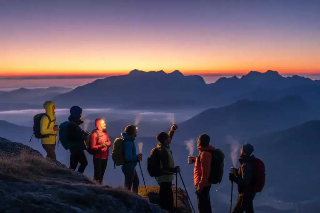 Sunrise Hikers On Mountain Ridge With Alpenglow And Hiking Gear At Dawn