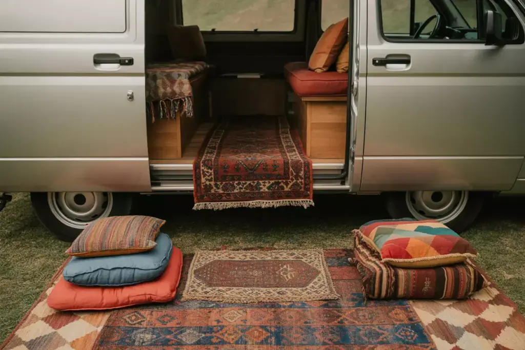 Vintage Persian Rugs Floor Cushions And Layered Textiles In Van Living Space