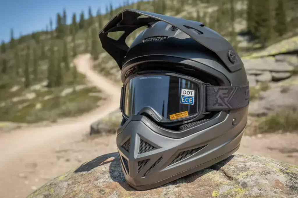 Essential Adventure Motorcycle Helmet With Goggles On Rocky Mountain Trail Background