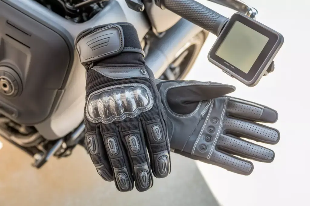 Flat Lay Of Adventure Riding Gloves With Motorcycle Grip And Gps