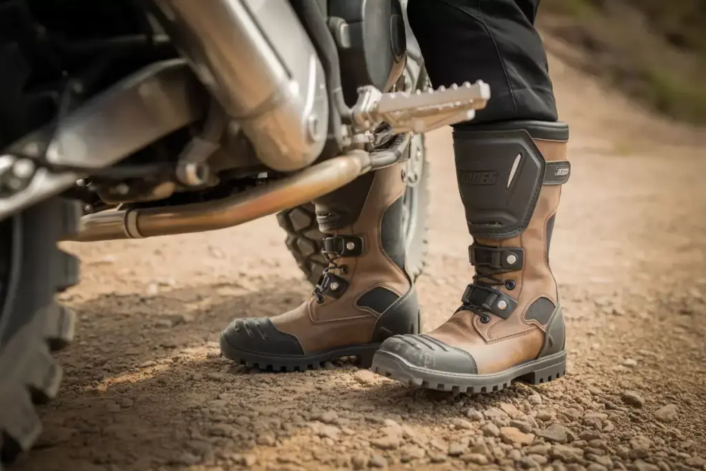 Adventure Motorcycle Boots Standing On Dirt Path With Footpeg