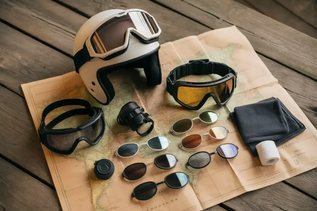 Assortment Of Adventure Riding Eye Protection Gear On Map