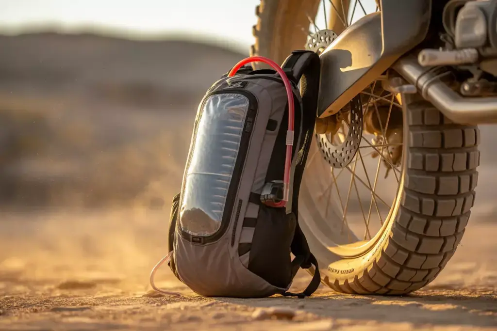 Hydration Backpack Leaning Against Motorcycle Tire On Dusty Trail