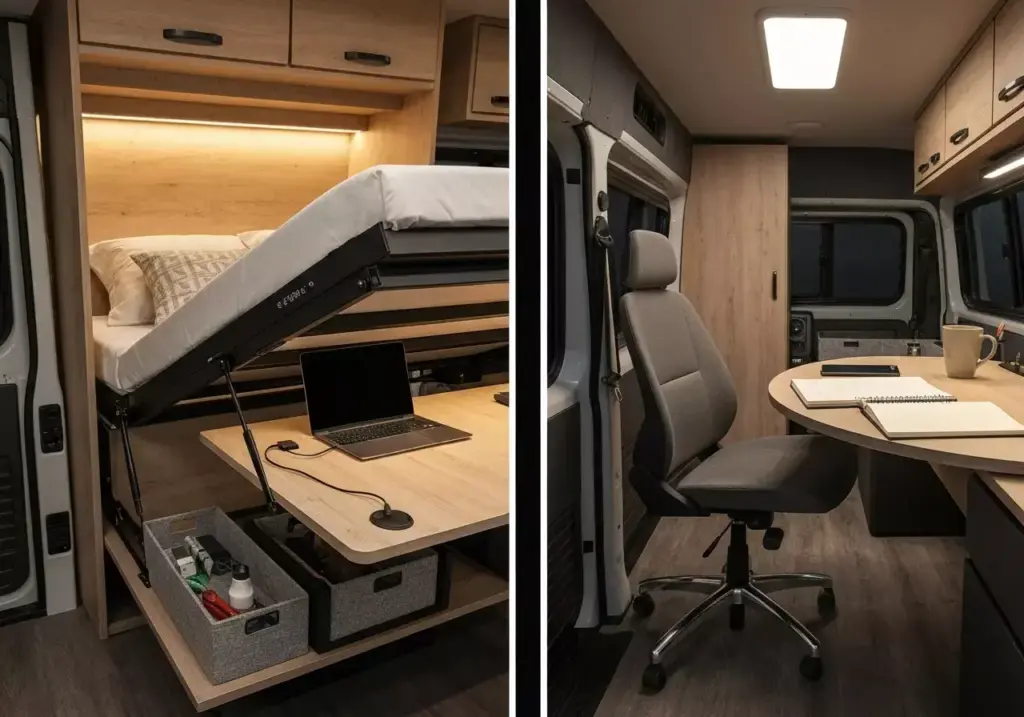 5b Murphy Bed In Van Raised To Reveal Integrated Desk With Laptop And Storage Compartments