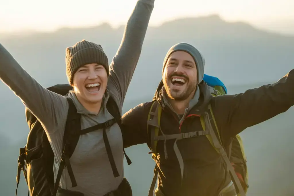 Candid Summit Celebration Of Hikers Showing Genuine Joy Against Panoramic Mountain Backdrop