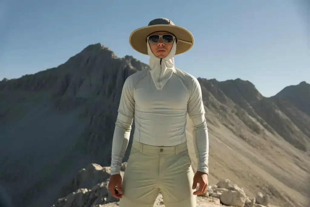 The Sun Protection Specialist Hiker In Full Coverage UPF Outfit On Ridge