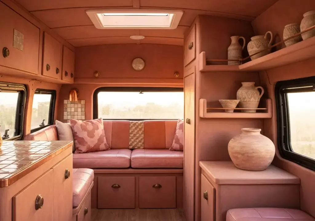 An Earthy Van Interior With Terracotta Walls Copper Fixtures And Handmade Pottery Displays