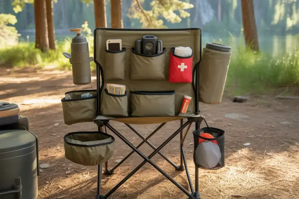 Camp Chair With Custom Added Multi Pocket Storage System At Campsite