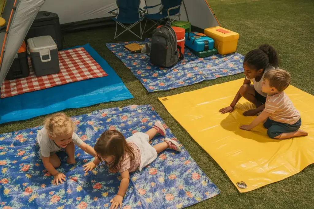 Campsite With Plastic Tablecloths Used As Ground Covers Under Tent And Play Areas