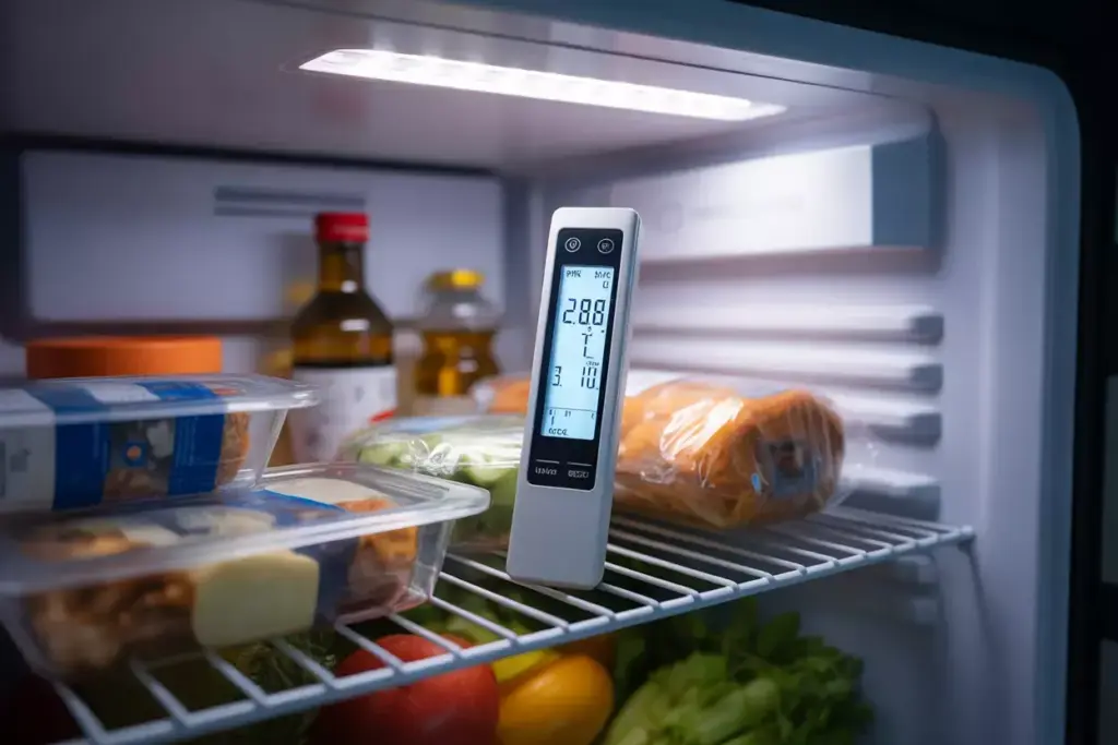Close Up Of A Digital Thermometer Display Showing Optimal Temperature Inside Caravan Fridge