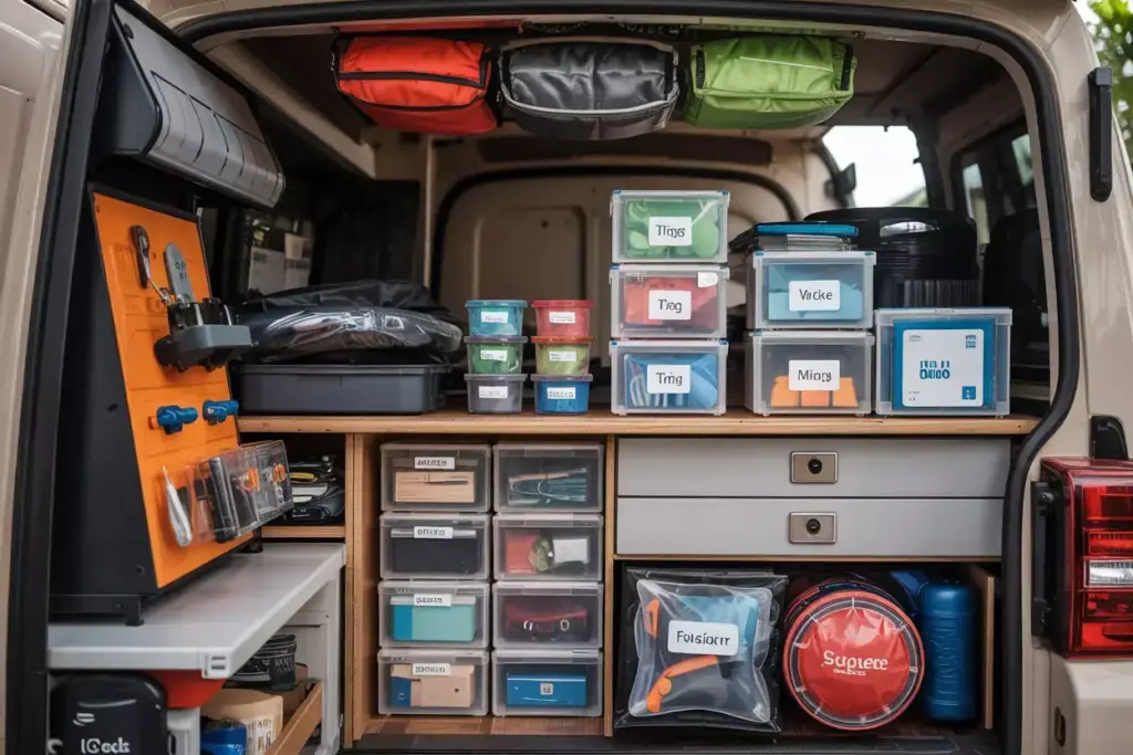 Color Coded Modular Containers Bungee Cords And Labeled Storage In Campervan
